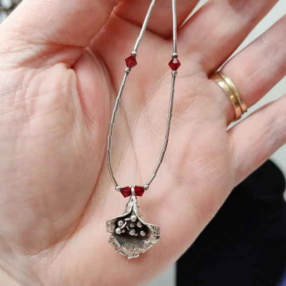 Southwestern Sterling Squash Blossom Liquid Silver Red Crystal Bead Necklace 16" - Picture 13 of 14